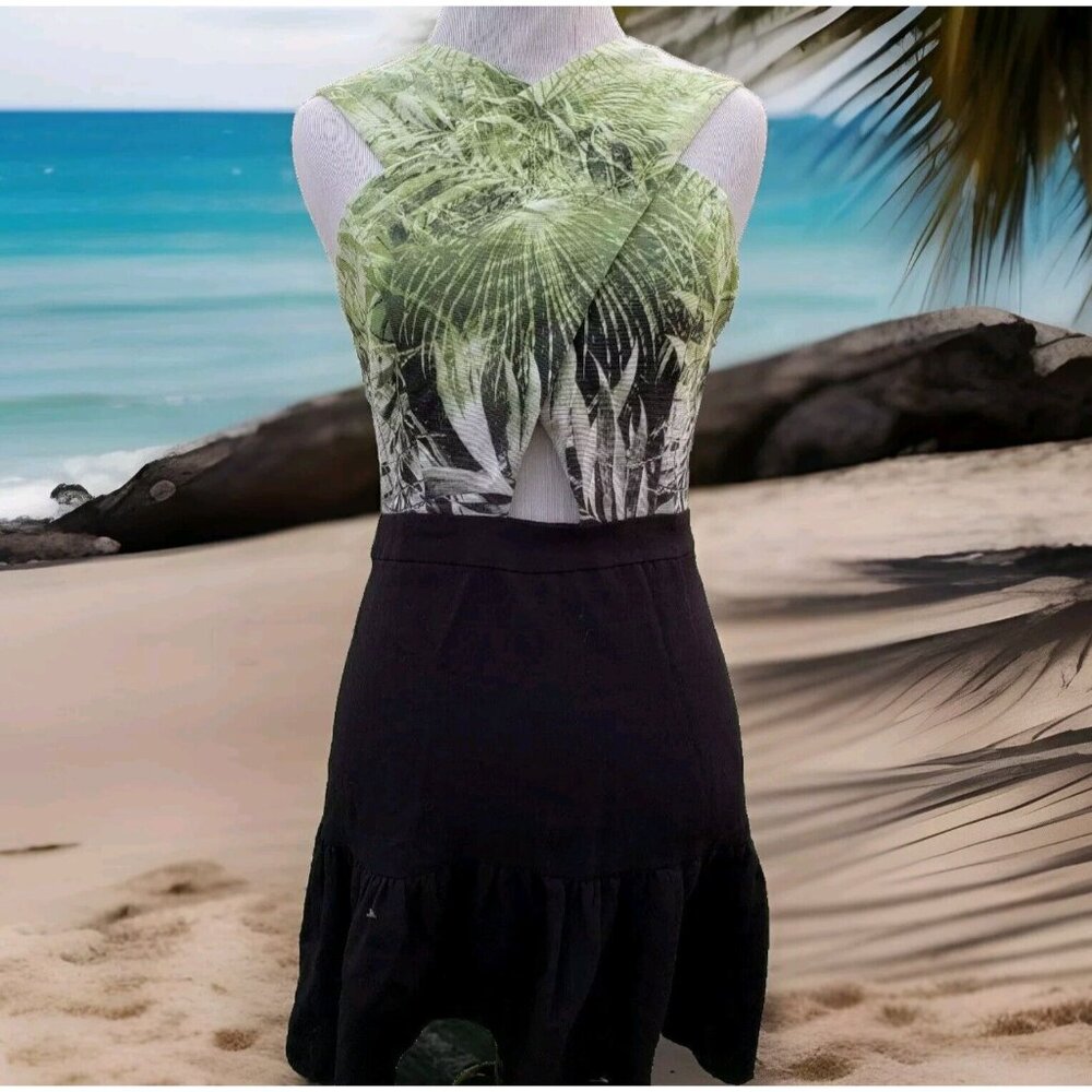 Line & Dot Sleeveless Dress Womens S Bamboo Cut Out Green Black Fit Flare Resort